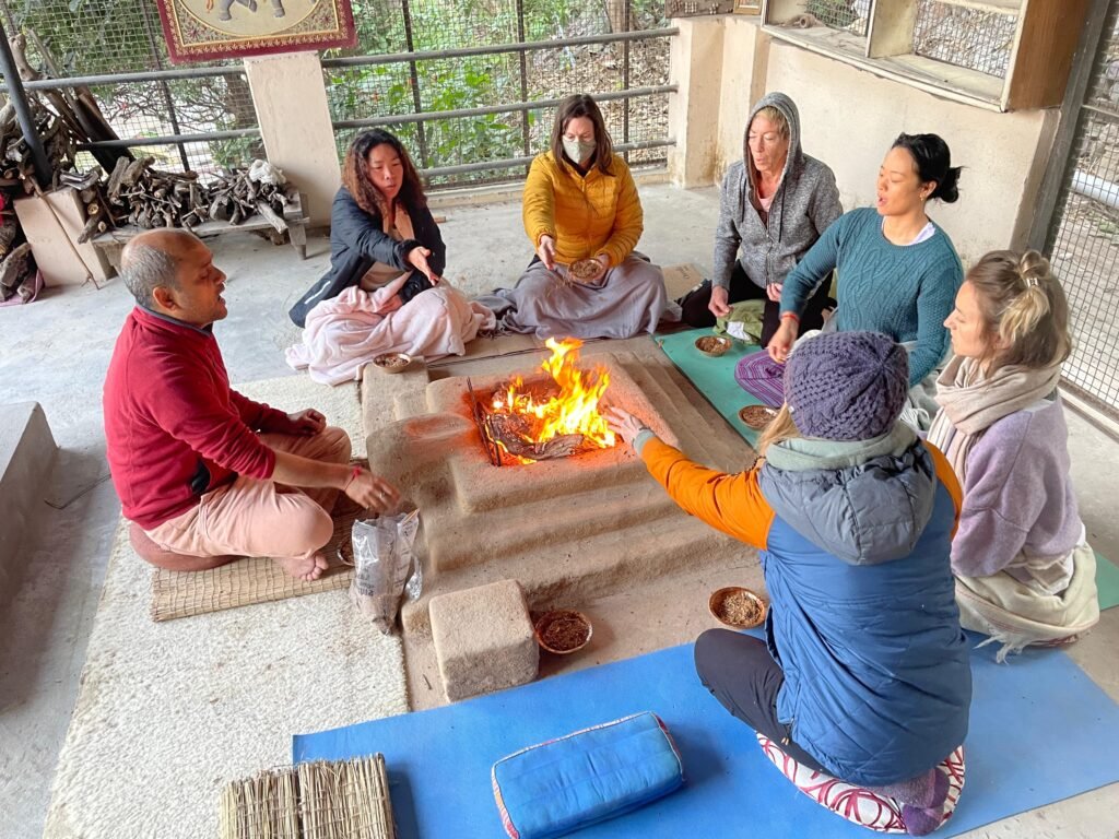 Participating in Vedic ritual - healing fire meditation ceremony
